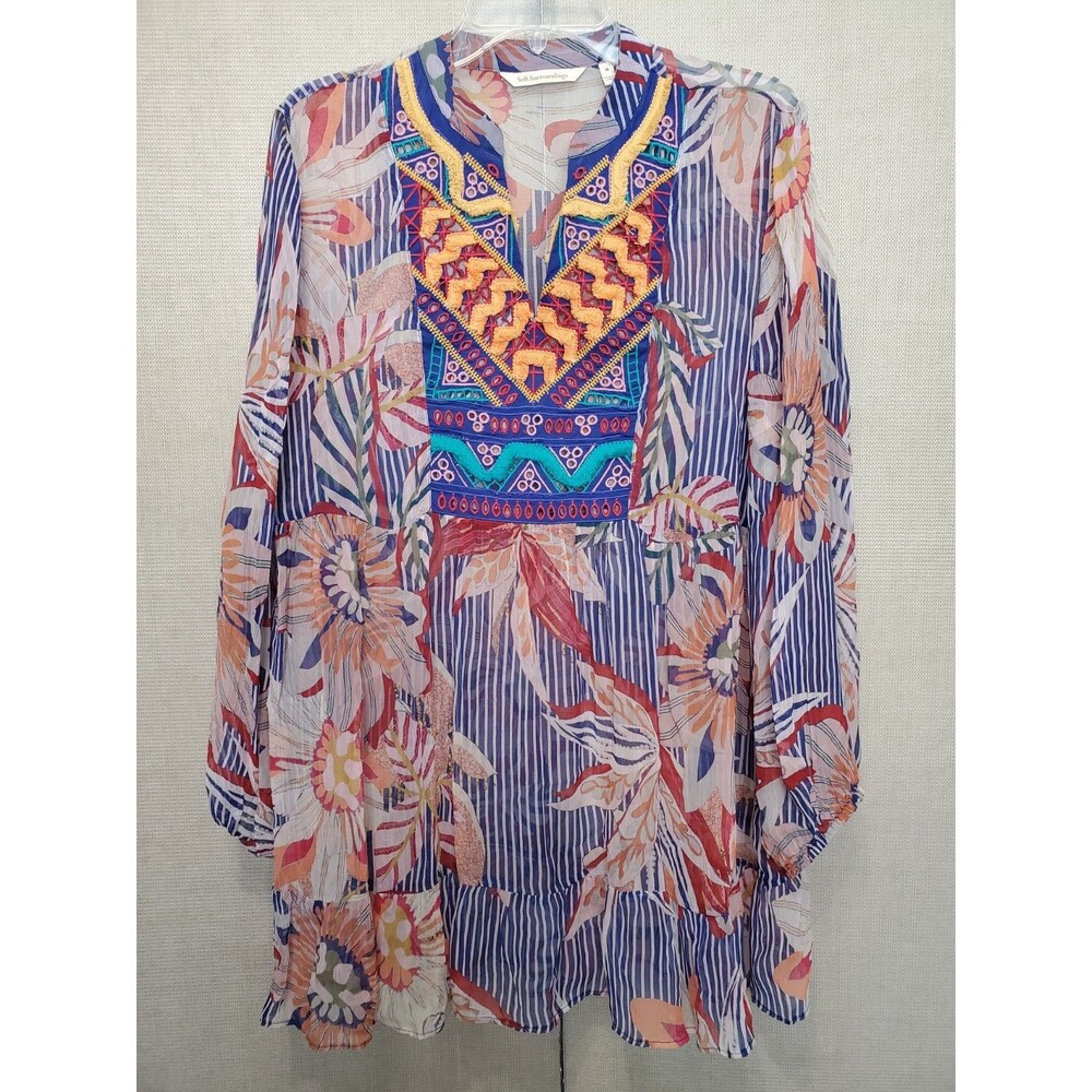 Soft Surroundings Sheer Tory Tunic Floral Striped Embroidered Boho Size Medium